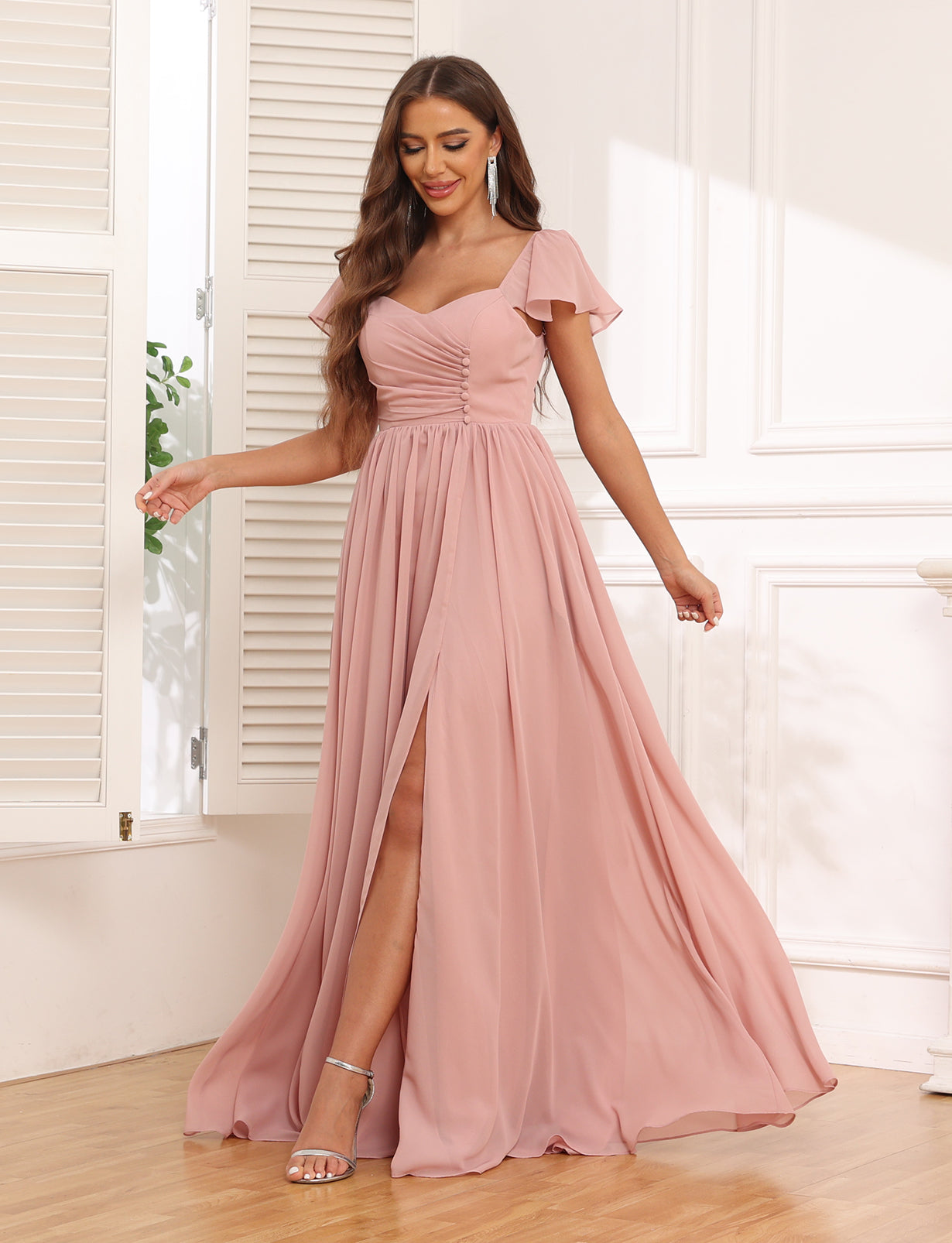 Short Sleeve Bridesmaid Dresses with Slit Formal Dress