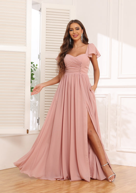 Short Sleeve Bridesmaid Dresses with Slit Formal Dress