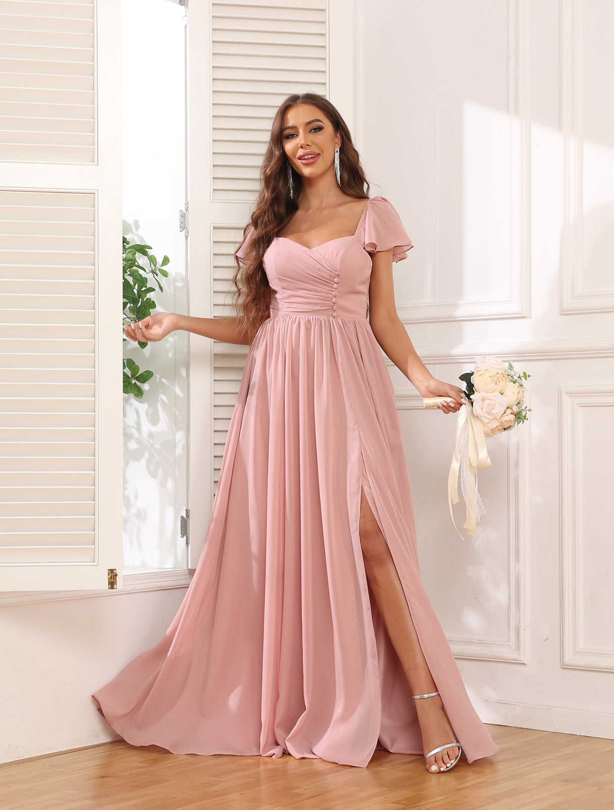 Short Sleeve Bridesmaid Dresses with Slit Formal Dress